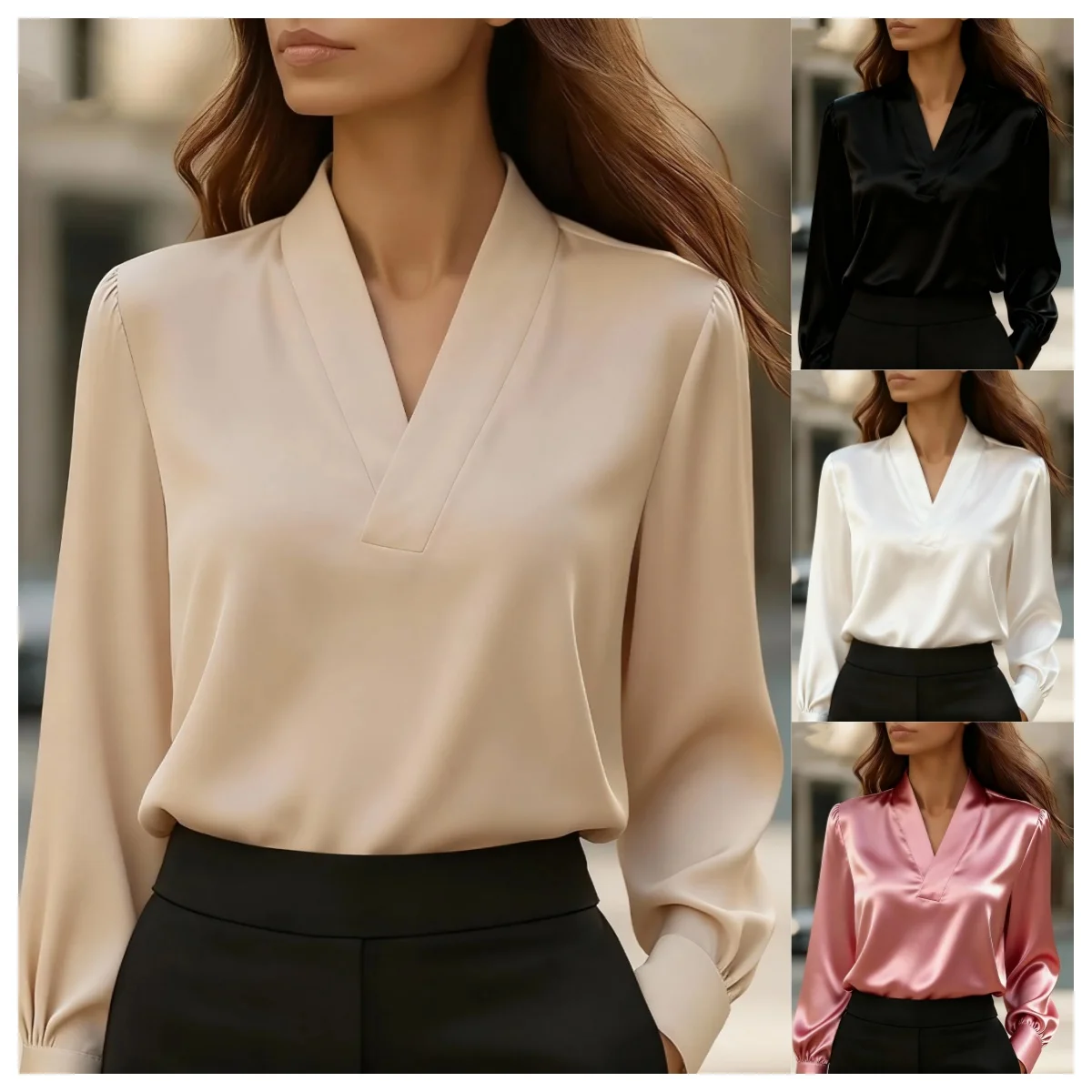 Elegante Langarmbluse mit V-Ausschnitt für Damen, weiches Satin-Büro-Chic-Top – Detail 2