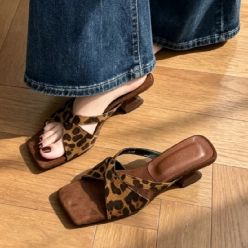 Leopard Women's Slippers Elegant Mid Heels Shoes Square Toe Sandals Fashion Comfort Party Pumps Flip Flops New Female Slides