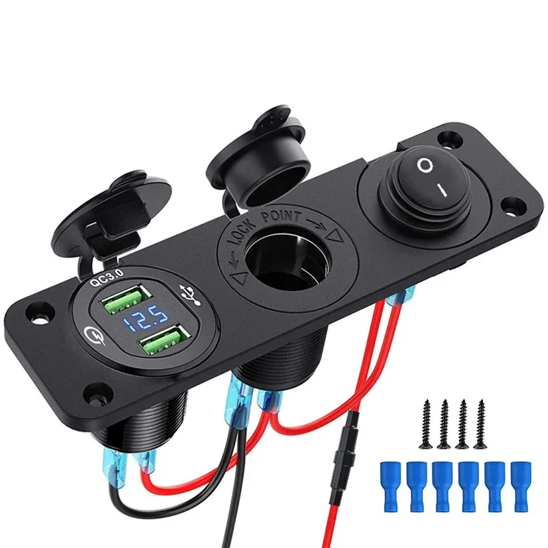 Wasserdichte Zigarettenanzünder-Steckdose, Schnellladung 3.0, 12 V/24 V, Dual-USB-Auto-Steckdose mit LED-Voltmeter, Touch-Schalter für Auto, Wohnmobil, Boot