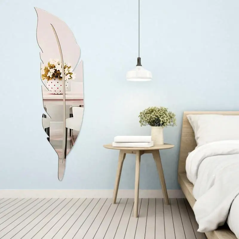 Pegatinas de pared acrílicas de plumas de espejo, pegatinas autoadhesivas para sala de estar, dormitorio, espejo de tocador, arte DIY, decoración