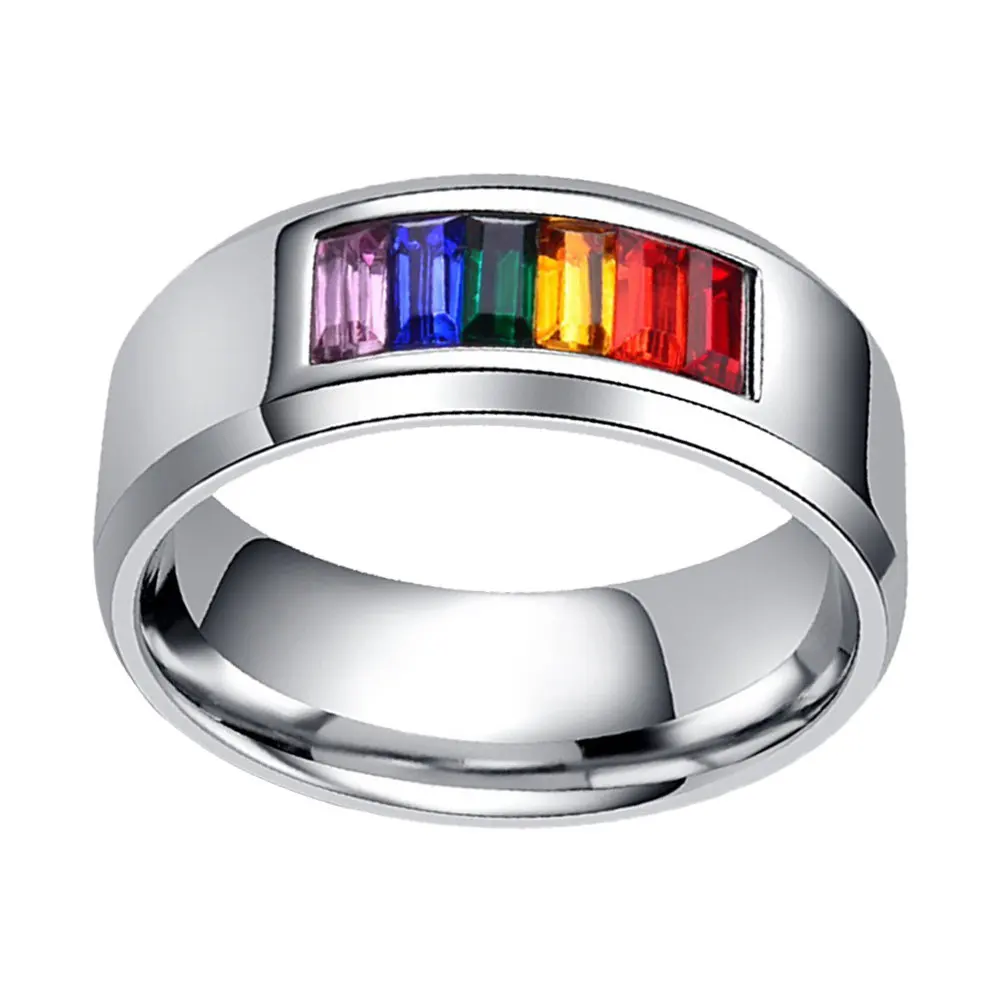 

1Pcs Fashion Rainbow Ring Titanium Steel Colorful Inlaid Rhinestone Stylish Pride Finger Decoration for Special Occasion