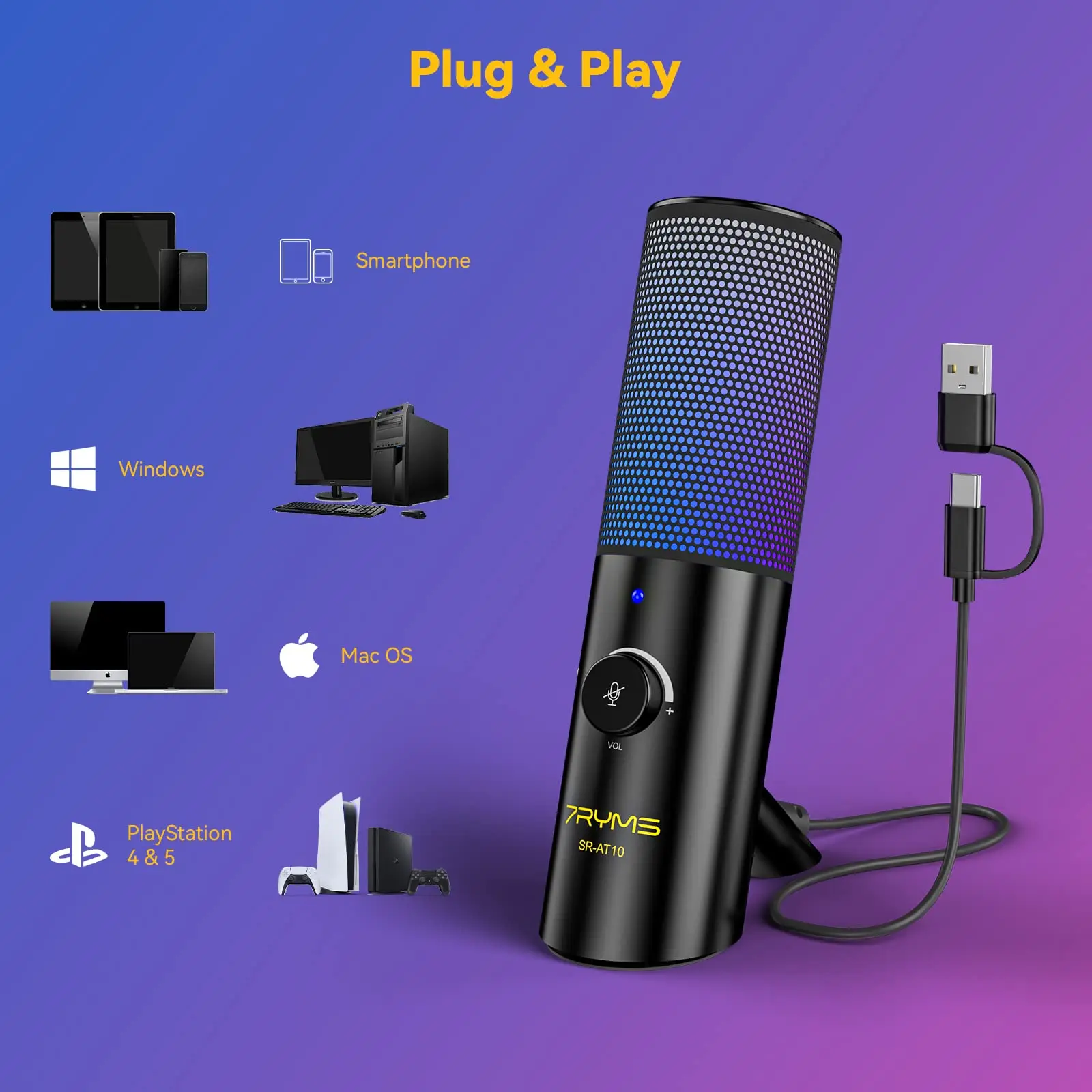 7Ryms AT10(Black) RGB Gaming USB Microphone, Condenser Desktop Mic with RGB Light for Streaming Live, Podcasts, Twitch, YouTube