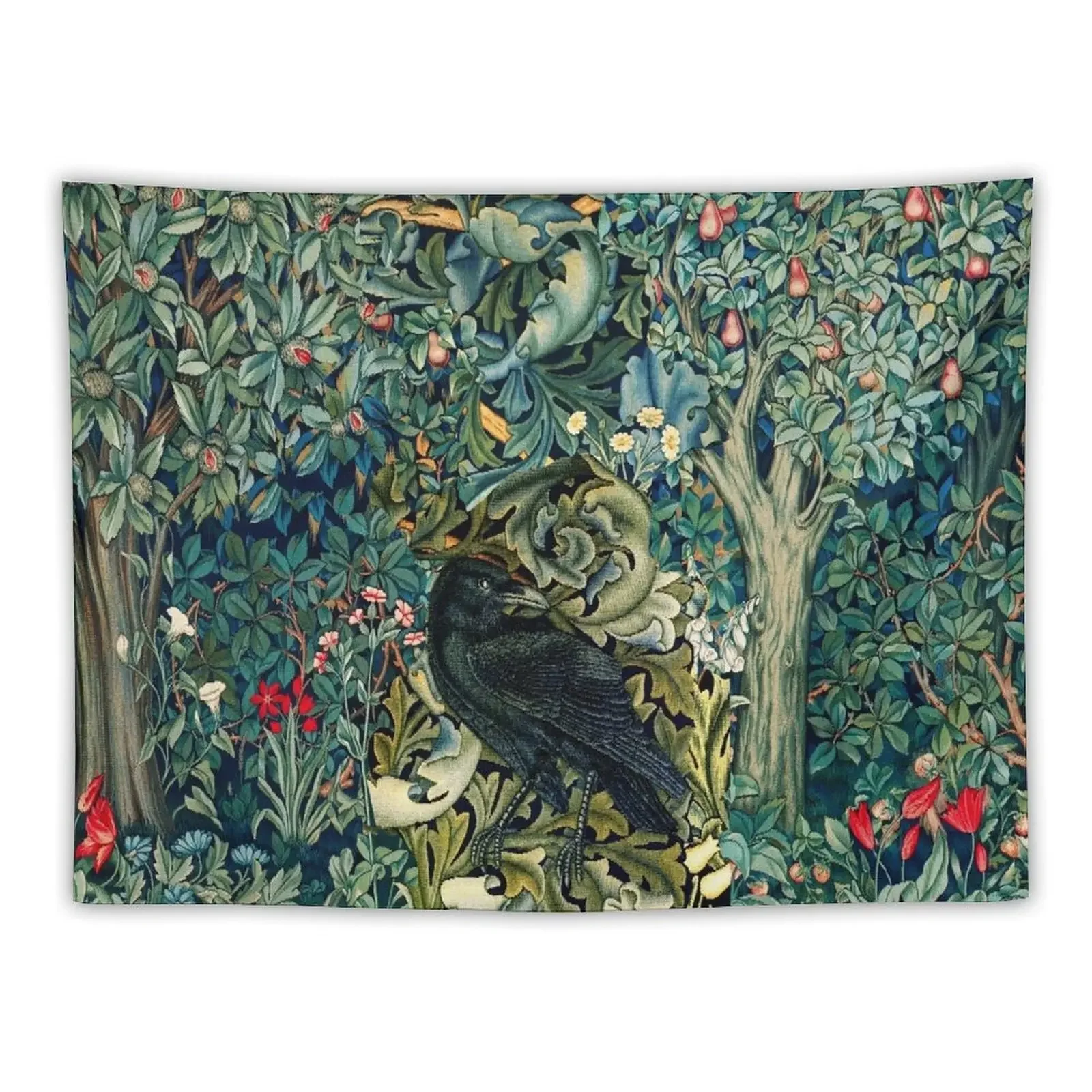 GREENERY, FOREST ANIMALS ,RAVEN ON ACANTHUS LEAVES Blue Green Floral Tapestry Home Decor Aesthetic Tapestry