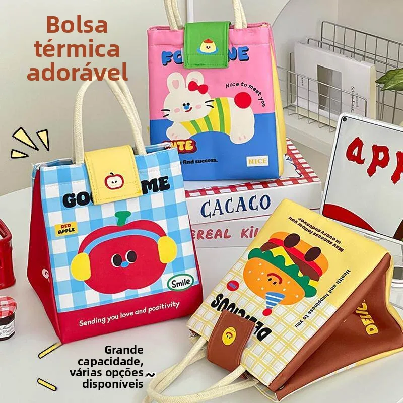 Lancheira Térmica Grande Capacidade com Desenhos Animados, Bolsa Portátil para Estudantes e Viajantes, Bolsa Bento Térmica, O...