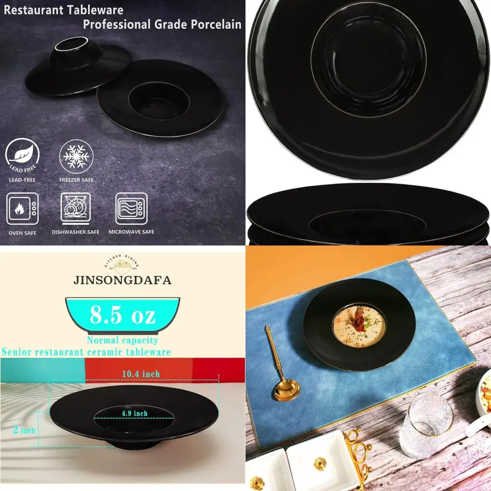 

8.5 oz Black Ceramic Soup Bowls, Set of 4, 10.4 Inch Rimmed Pasta Plates Ideal for Hotels, Kitchens, and Restaurants