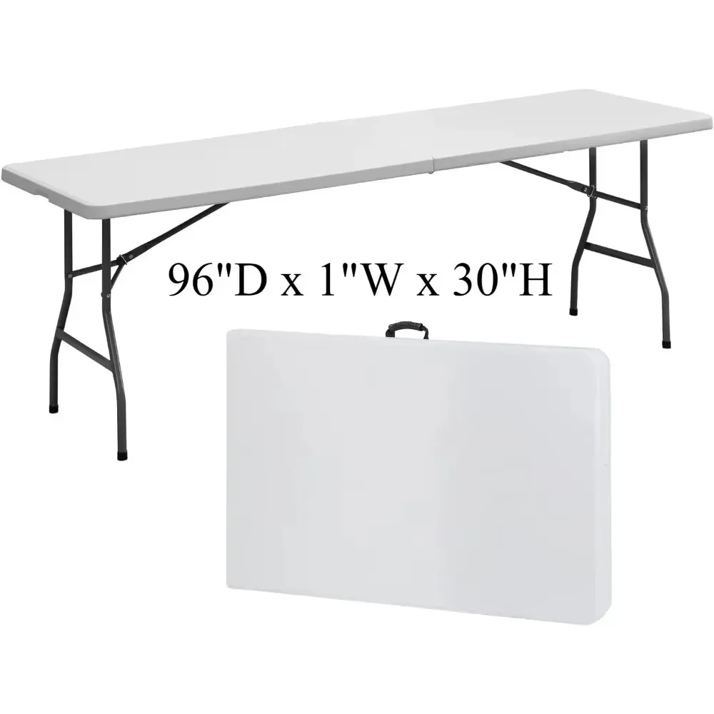 

Folding table, 96" deep x 1" wide x 30" high, metallic white top and black stand, can be used for outdoor picnics and birthdays