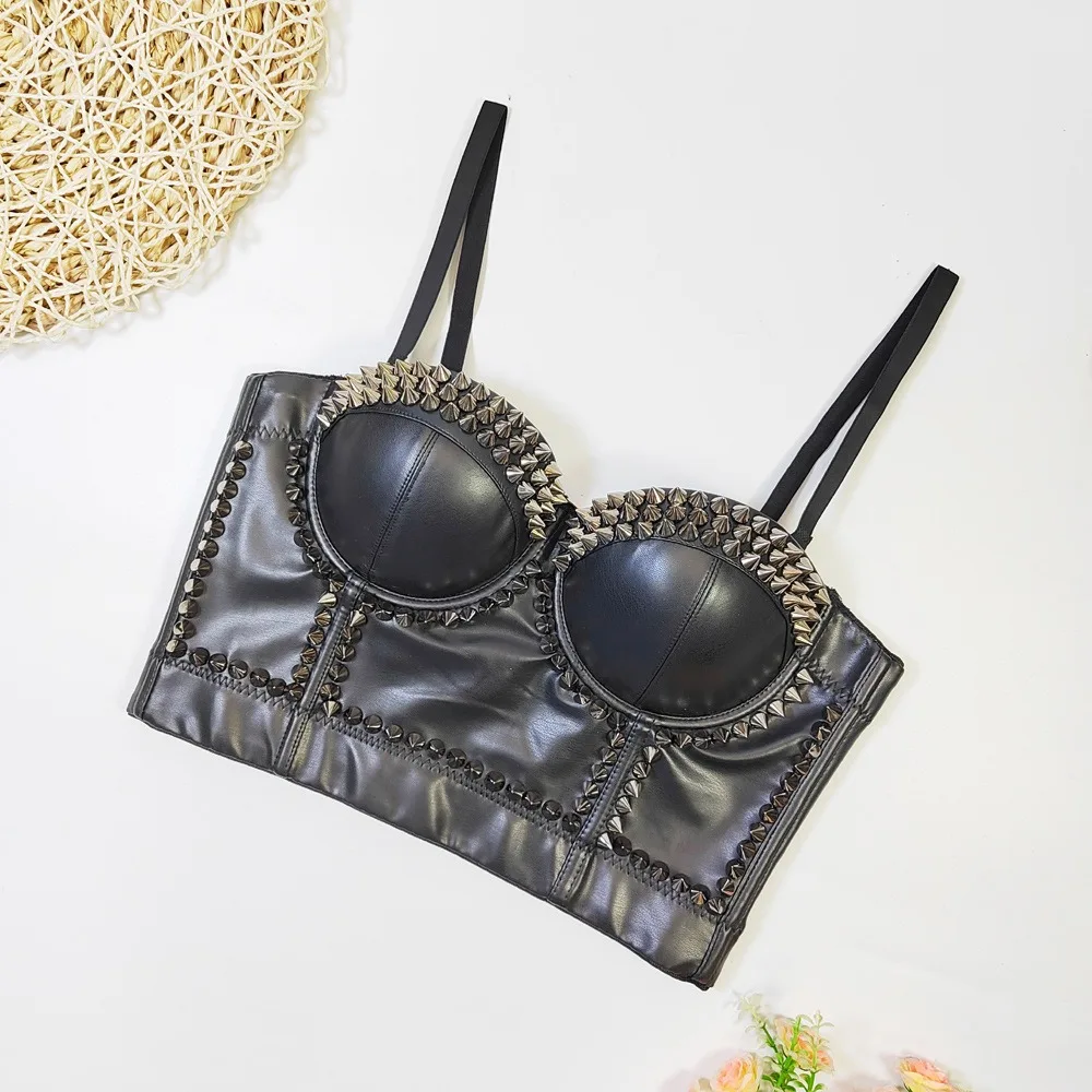 IRENE TINNIE New Crop Bustier Women Black PU Leather Corset Top Bra Push Up Tops Punk&Rock Praty Nightclubs top Ropa De Mujer