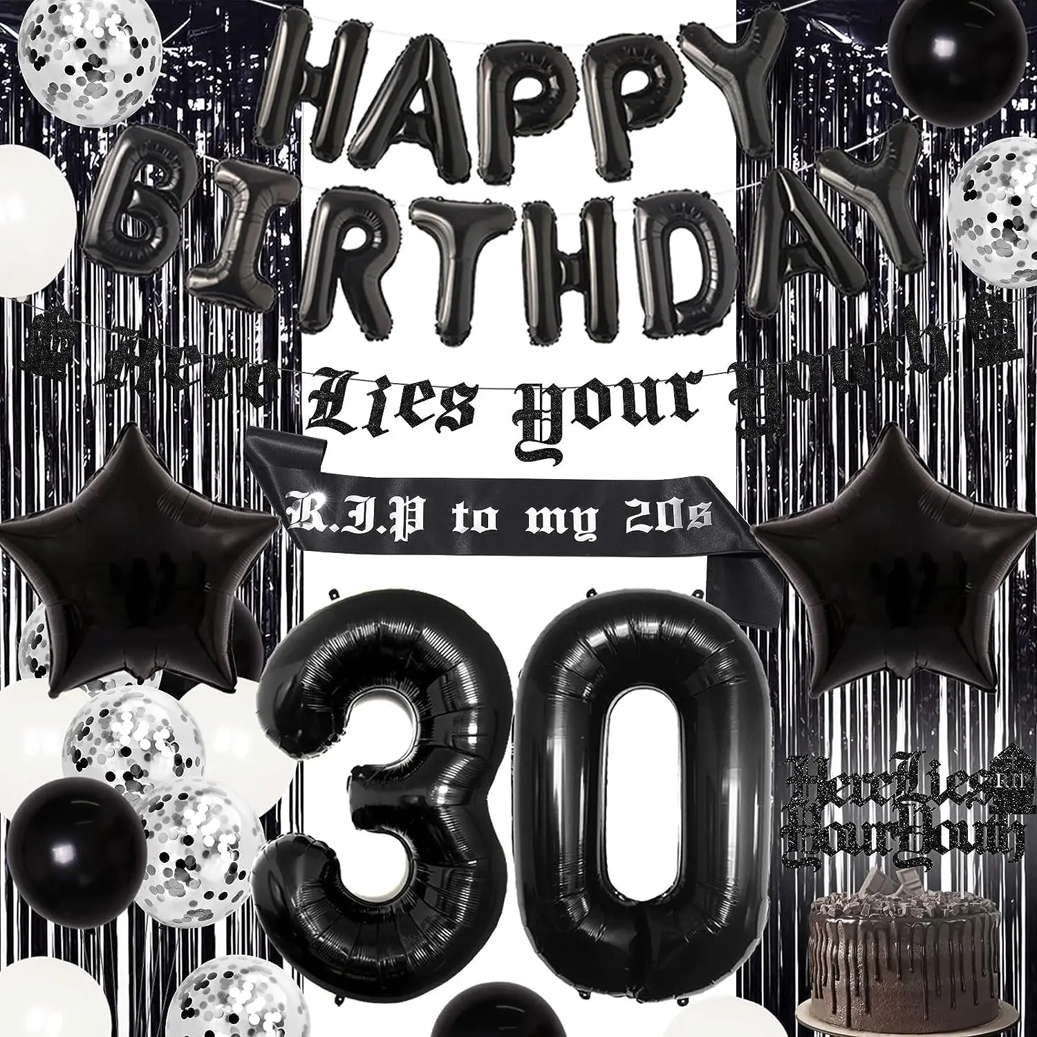 Black Here Lies Your Youth 30th Birthday Decorations Supplies Death To My Twenties Birthday Decor Rip To My 20s Birthday Sash