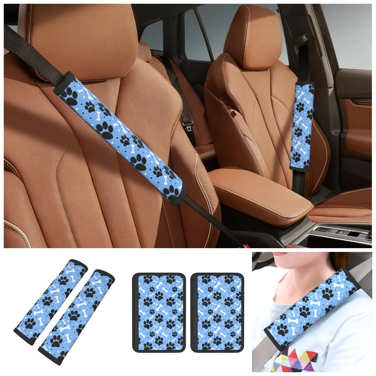 2-Pack Dog Paw Print And Bone Car Seat Belt Pads Cover for Car Interior Accessories Seatbelt Shoulder Strap Covers