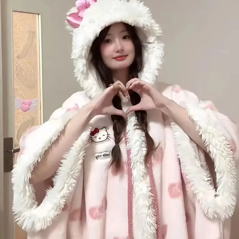Kawaii مرحبا كيتي أفخم الجلباب المرأة المرجان بيجامة من الصوف الفتيات لطيف مقنعين بطانية عادية الصوف ملابس خاصة النساء الملابس