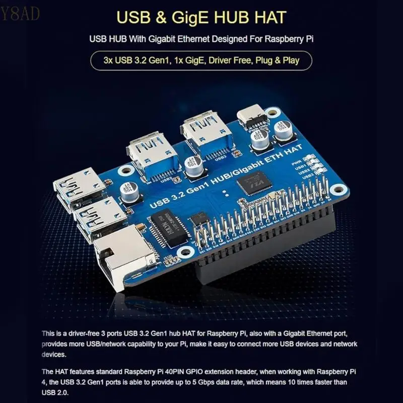 Y8AD High Speed ​​USB 3.2 Gen1 & HUB Развернут соединения устройства для Raspberrypi4b