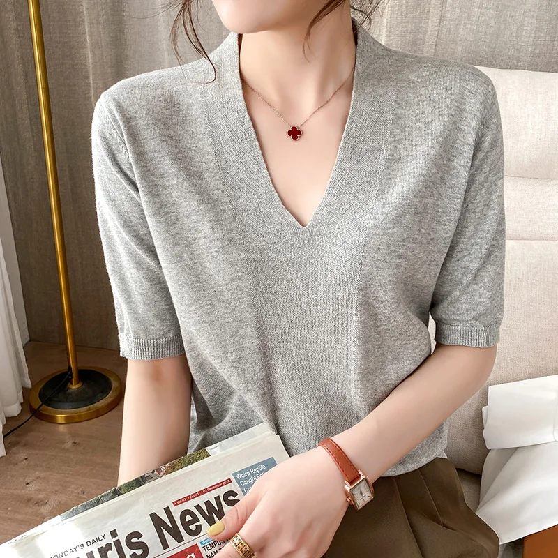 100% cotton thread low V-neck sweater loose plus size five-point short-sleeved summer top T-shirt