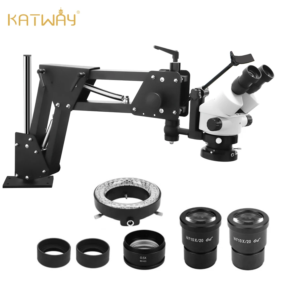 Katway HH-MS01A 56-Bulb LED Light Binocular Stereo Microscope, 7X-45X Magnification, 10X/20X Eyepieces, Spring Bracket