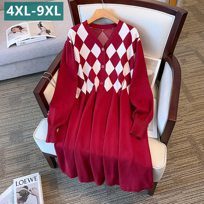 

New 2024 Ladies Autumn Winter Plus Size Dress For Women Large Long Sleeve Red Black Knit Midi Dress 4XL 5XL 6XL 7XL 8XL 9XL