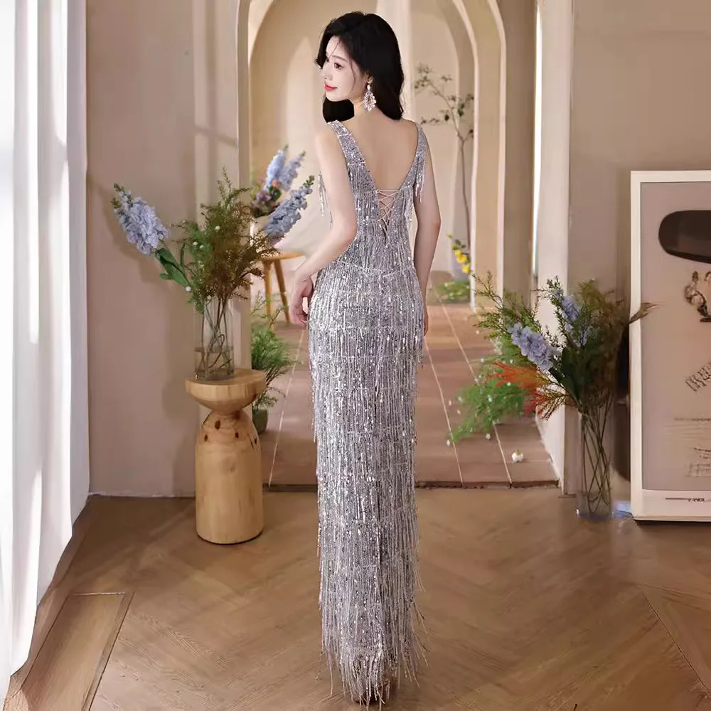 Ele Sequin Tassel Evening Gown for Women Wedding Reception Ceremony Banquet Faion High Waist Slim Fit Long Dr