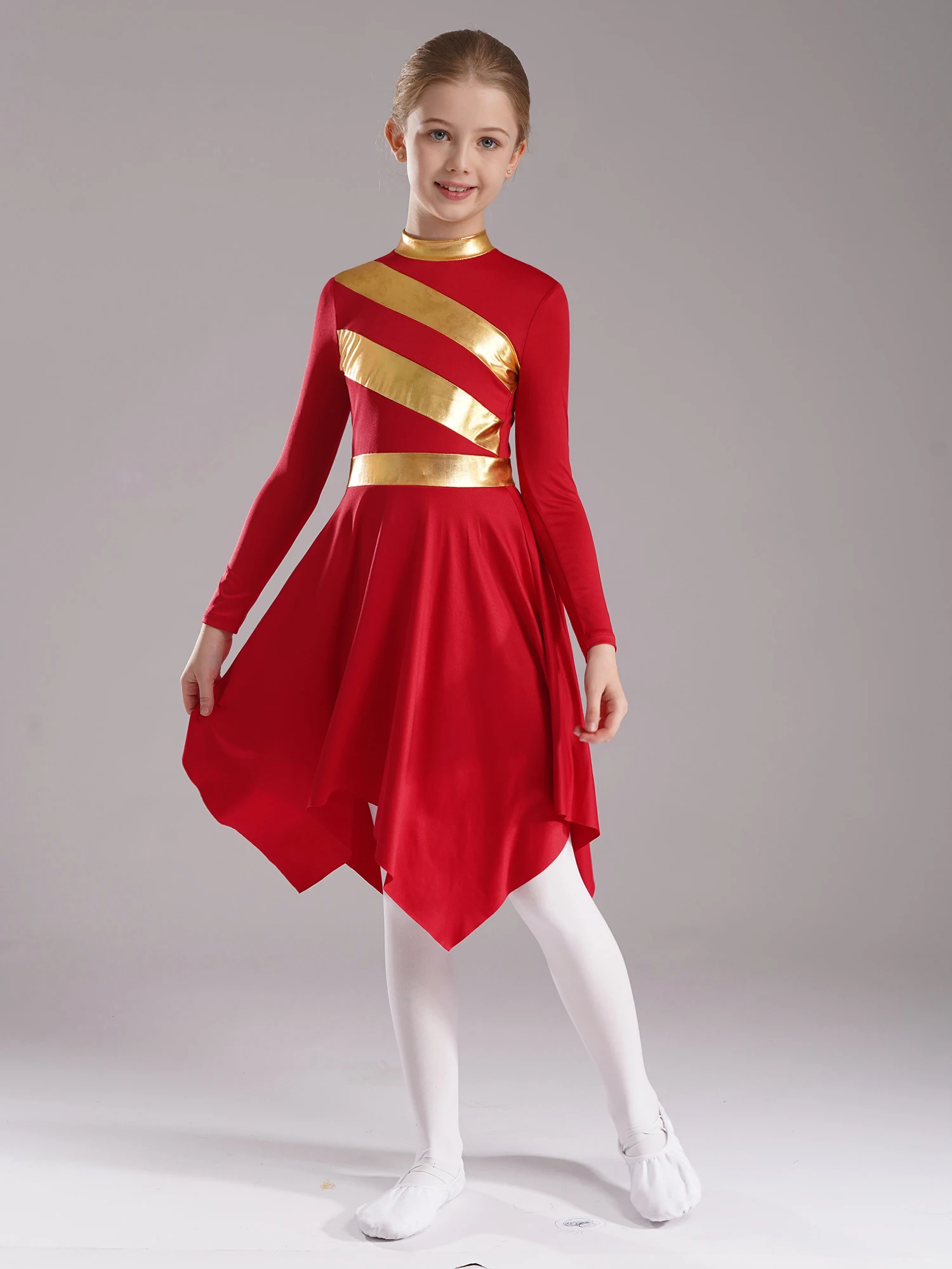 Kids Girls Etiquette Praise Dance Dress Metallic Long Sleeve Church Christian Worship Costume Modern Ballet Lyrical Dancewear