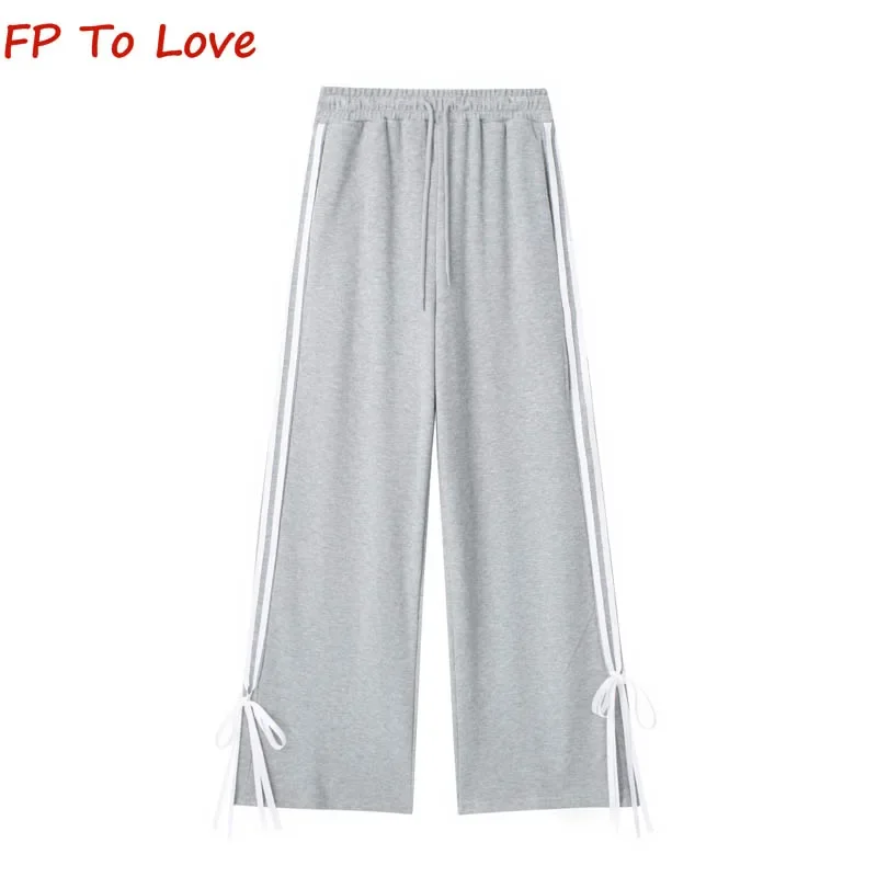 

Y2K High Waisted Loose Side White Stripe Design Bow Straight Sweatpants Elastic Waist Wide Leg Trousers