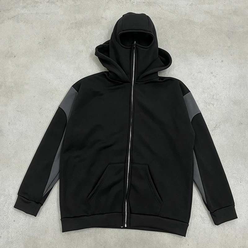 

American Dark Gothic Black Gray Color Matching Masked Hooded Hoodie Zipper Fashion Hip Hop Streetwear Autumn Winter Trend Coat