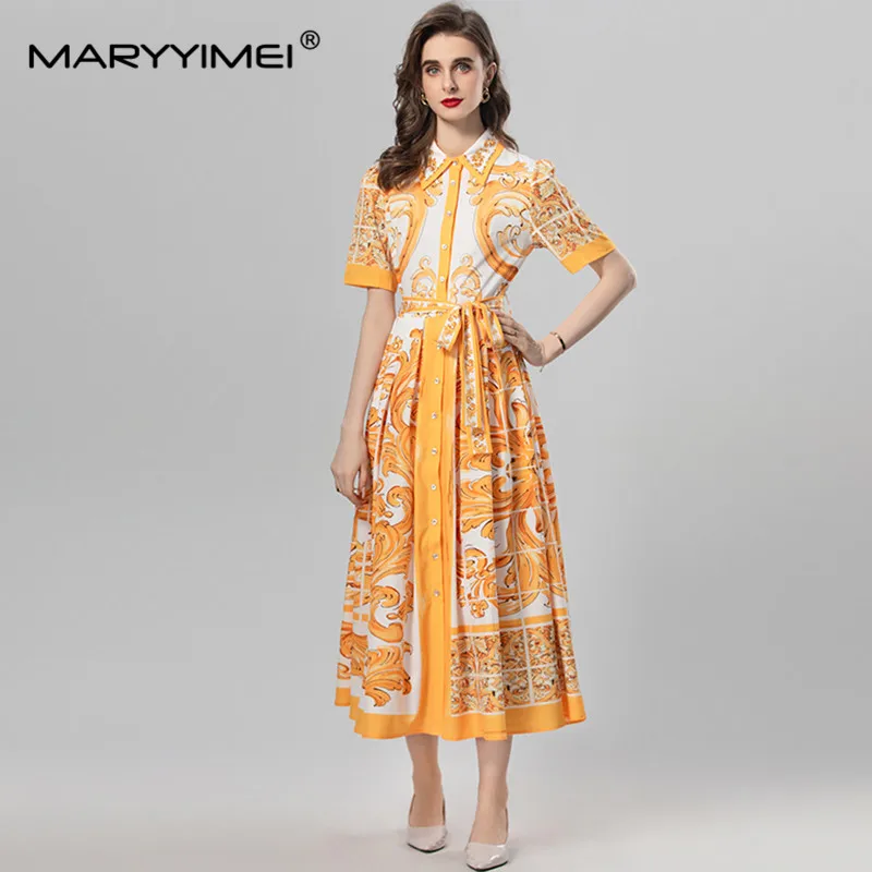 

MARYYIMEI Summer Women's A-Line Dress Turn-Down Collar Short sleeved Single-Breasted Beading Lace-Up Baroque print Dresses