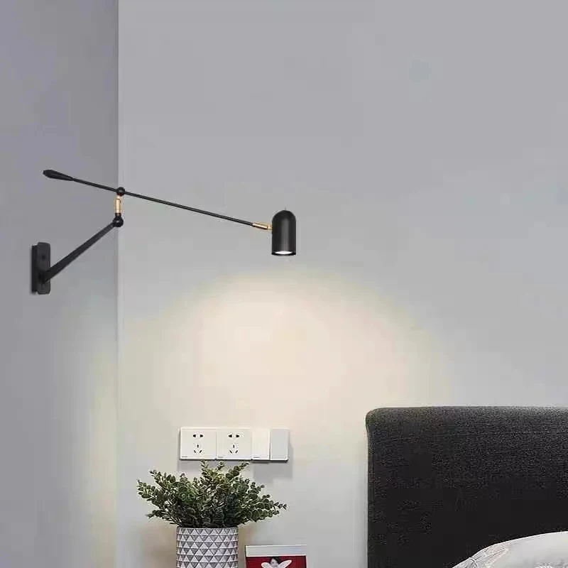 Modern Black Gold Swing Arm Wall Lamp Adjustable Headboard Reading Light Bedroom Guest Room Nursery Articulated Wall Sconce