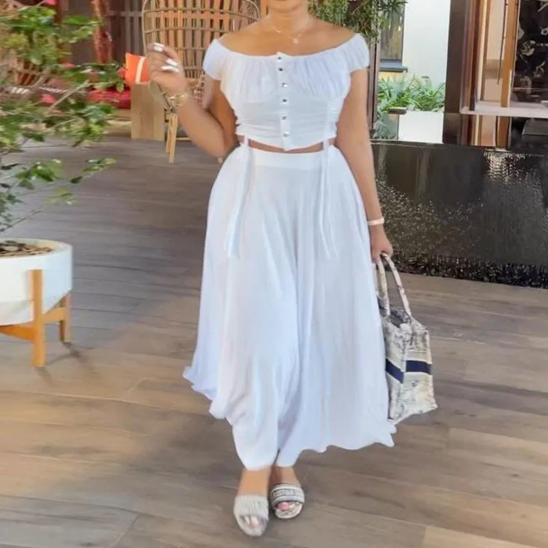 Women Sexy Drawstring Off Shoulder Navel Top & Higt Waist Skirt Set Temperament Commuting Summer Fashion Women's Skirts Outfits