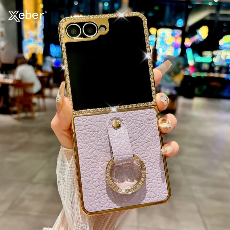 เคสหนัง PU ชุบลายหรูหรา พร้อมที่วางแหวน สำหรับ Samsung Galaxy Z Flip 7 6 Flip 5 Flip 4 Zflip 3 ประดับเพชร กันกระแทก