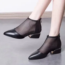 Ankle Boots Women Shoes Summer New Thick Heel Shoes Zipper Mesh Breathable Fashion Mom Shoes Female British Style Korean Sandals