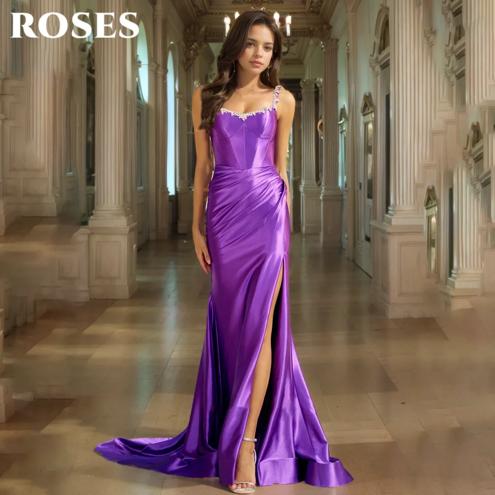 

ROSES Purple Evening Dresses Sweetheart Spaghetti Straps Prom Dress with Sequins Side Split Mermaid Pleat Party Dress Customized