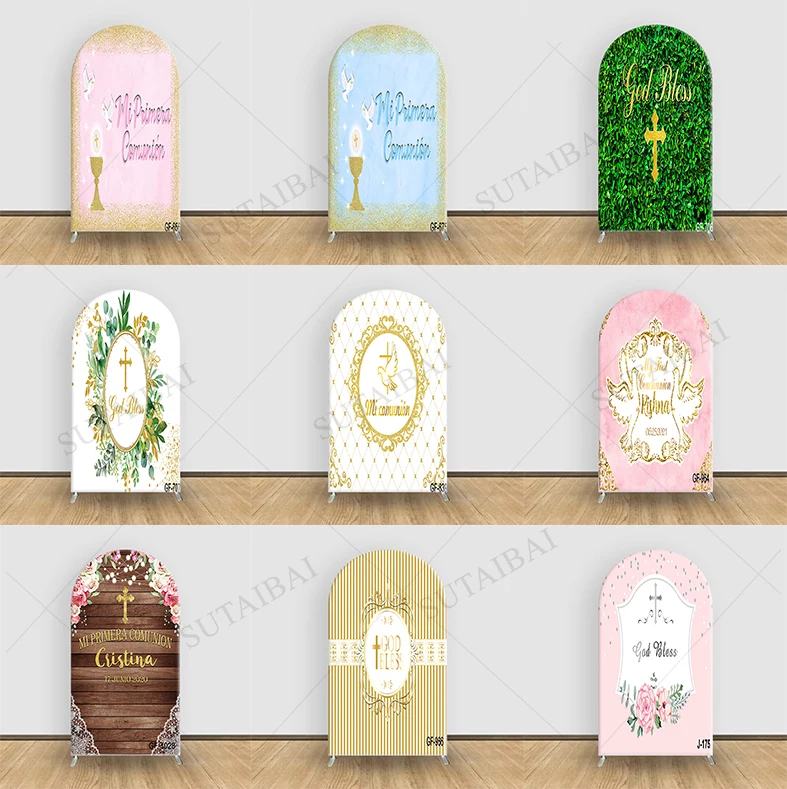 First Holy Communion Arch Backdrop Cover Wood Cross Baptism Boy Girl Boho Blue Cyan Flowers Party Decor Gold Bless Background