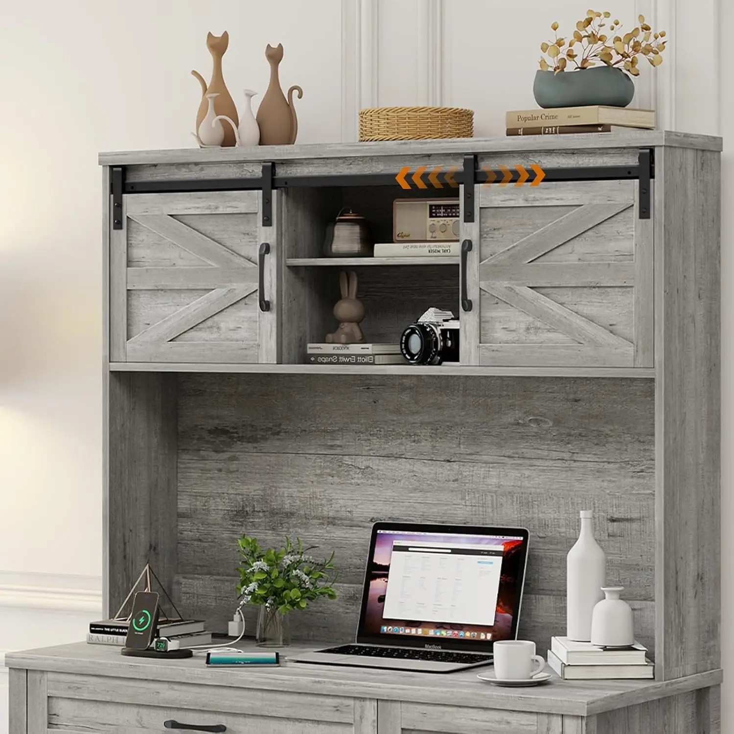 مكتب تنفيذي Farmhouse 47، مكتب كمبيوتر مزود بأدراج وخزانة، مساحة عمل للمكتب المنزلي مع محطة شحن (رمادي) #4