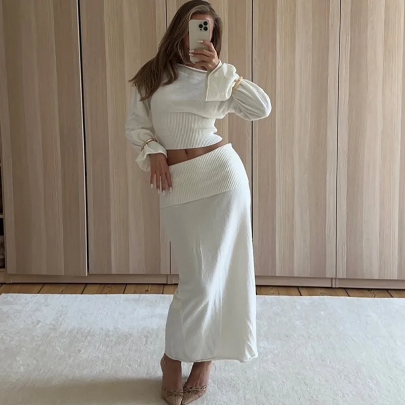 Tuularose White One Shoulder Dress Set Women Casual Knit Sweaters Solid Skirt Set Elegant Party Vacation Autumn Female Dress Set