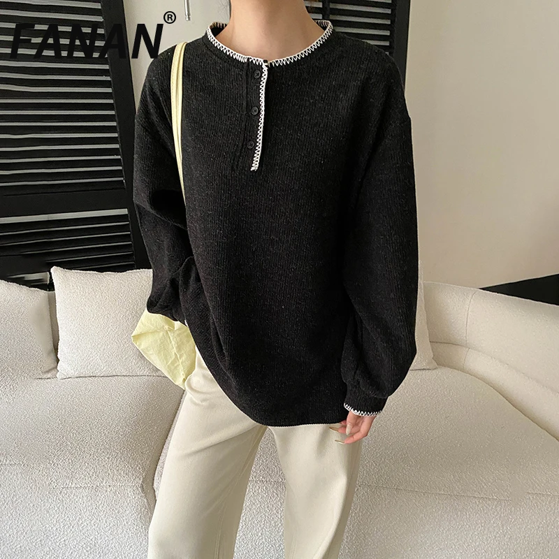 

FANAN Contrast Color Woolen Knitting Pullover Sweater For Women Round Neck Long Sleeve Office Lady Tops Female 2025 Winter New