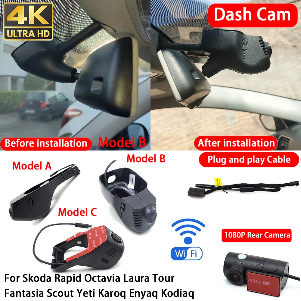 for Skoda Rapid Octavia Laura Tour Fantasia Scout Yeti Karoq Enyaq Kodiaq 4K Dash Cam Front Rear Car Camera DVR Wifi Plug & Play