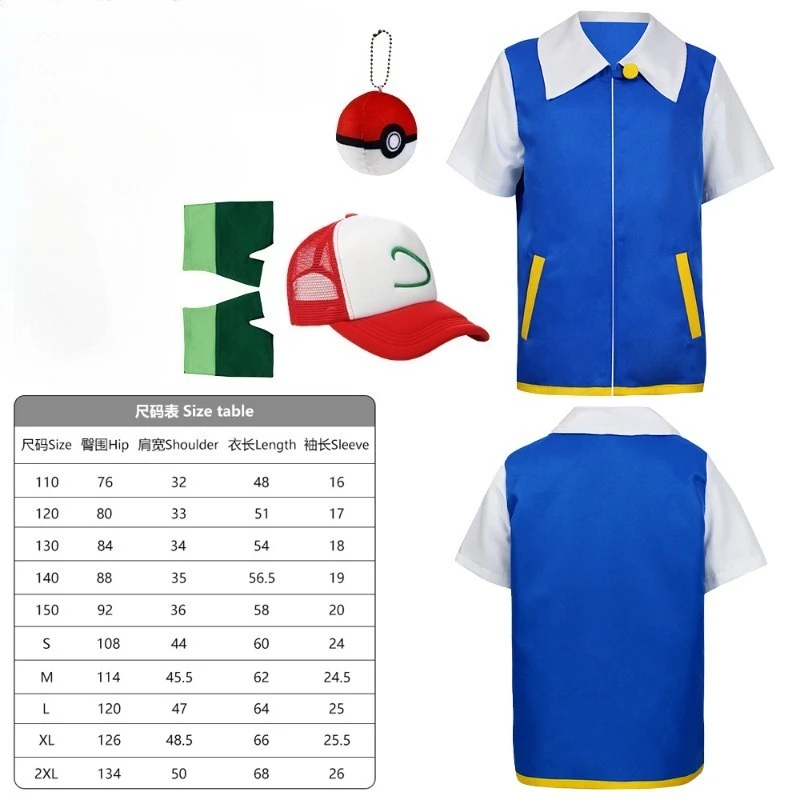 Anime Ash Ketchum Cosplay Full Set Clothes Men Blue Jacket Costume Boys Girls Cosplay Halloween Cartoon Party Trainer Cap Gloves