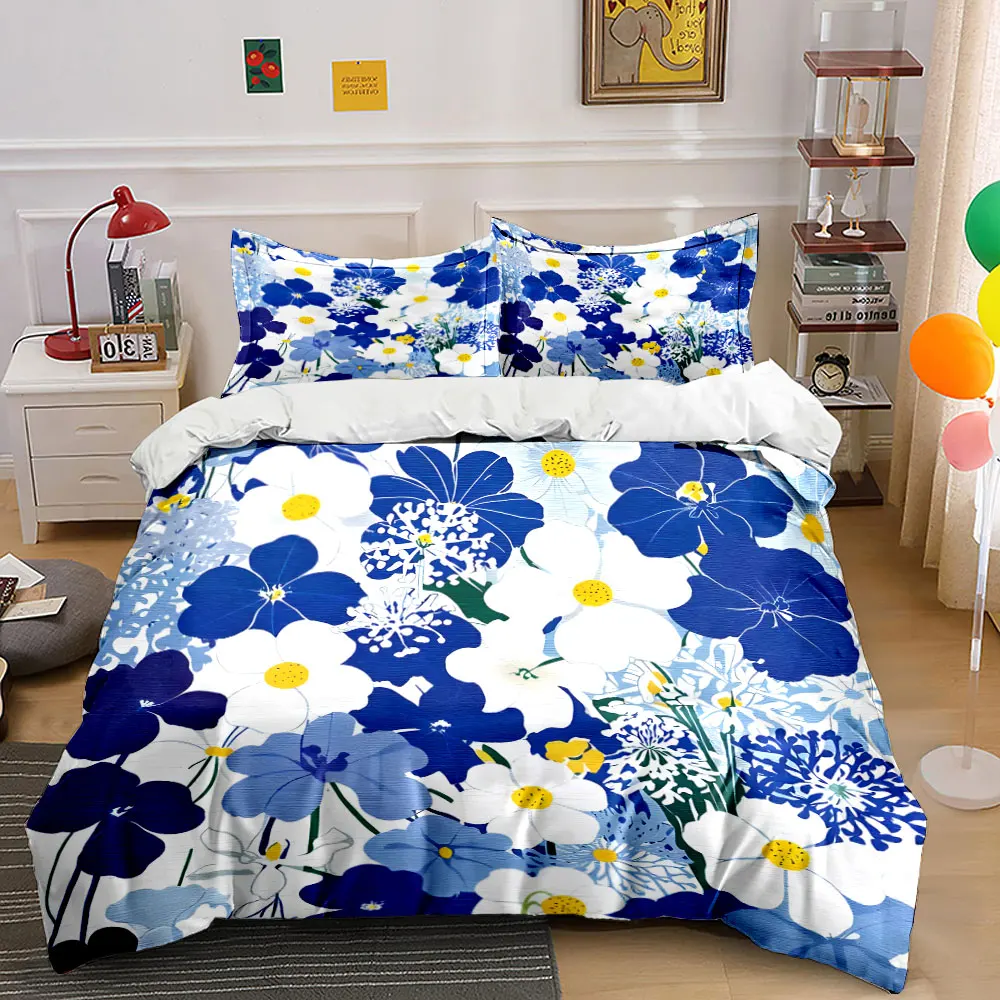 Blue and White Floral Artwork Print Bedding Set 1 Duvet Cover 2 Pillowcases for Adult and Children Luxury Gift Full Size