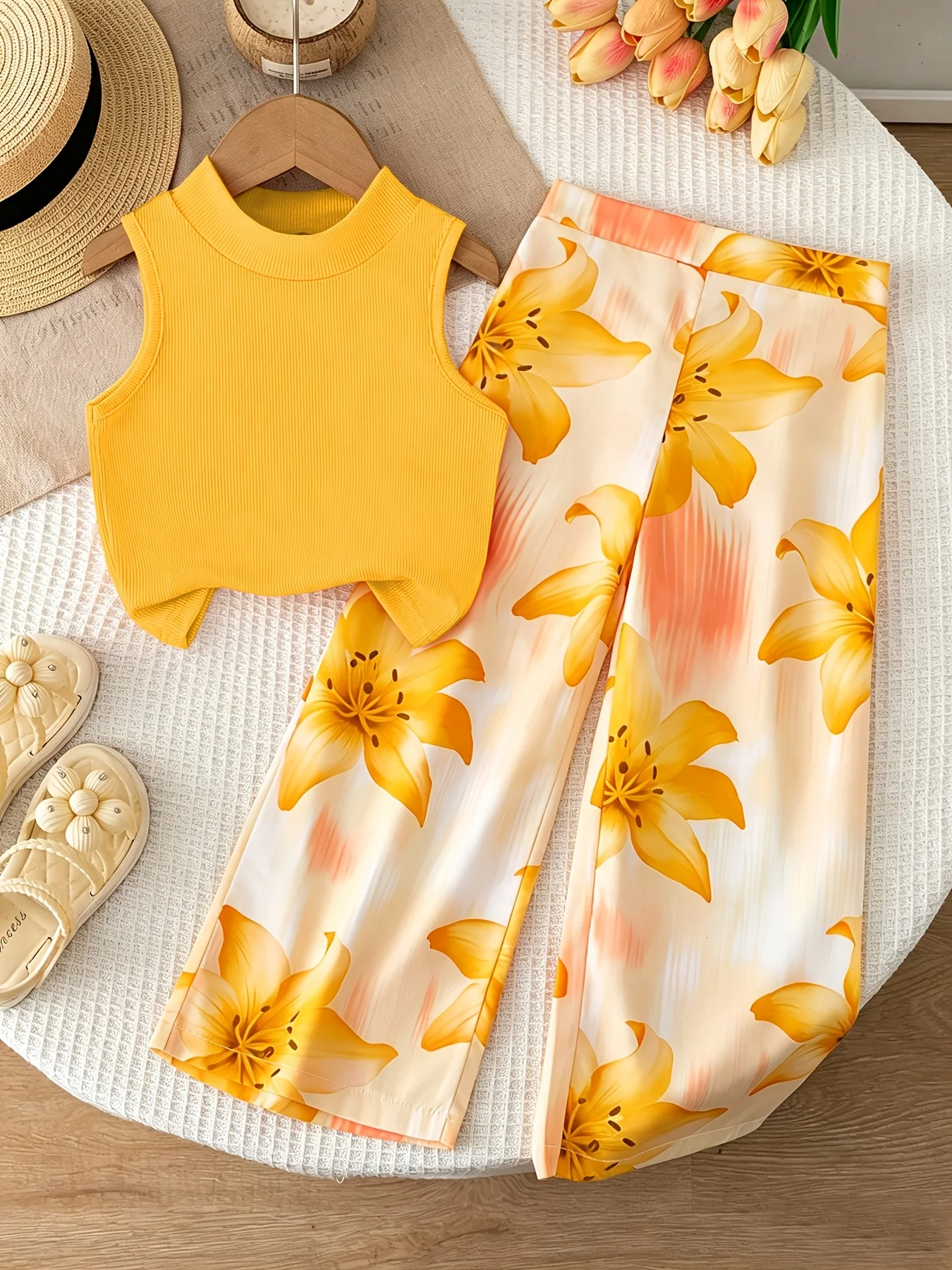 Girls' Summer Two-Piece Set: Magenta Mock-Neck Sleeveless Top and Wide-Leg Pants with Large Lily Print – Stylish Outfit