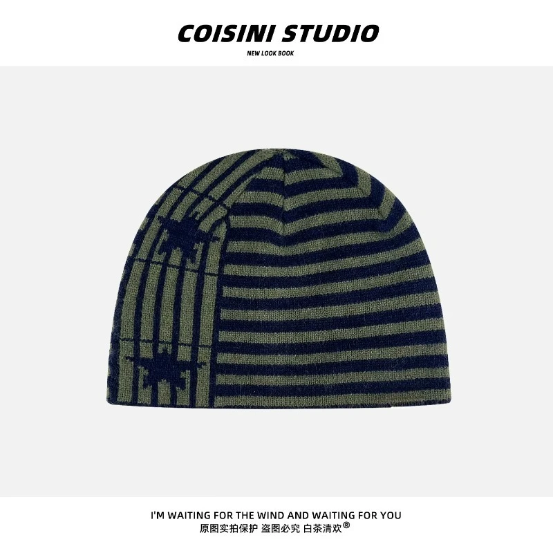 Y2K Persönlichkeits-Stern-Streifen-Strickmützen für Damen, Herbst und Winter, Street-Trend, vielseitige warme Ohrenschutz-Beanies – Detail 5