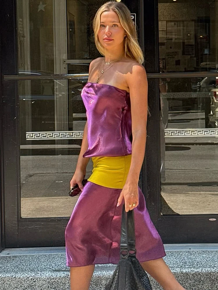 Weird Puss Sexy Color Blocking Dress Women Fashion Trend Bright Silk See Through Sleeveless Elegant Simple Party Street Bodycon