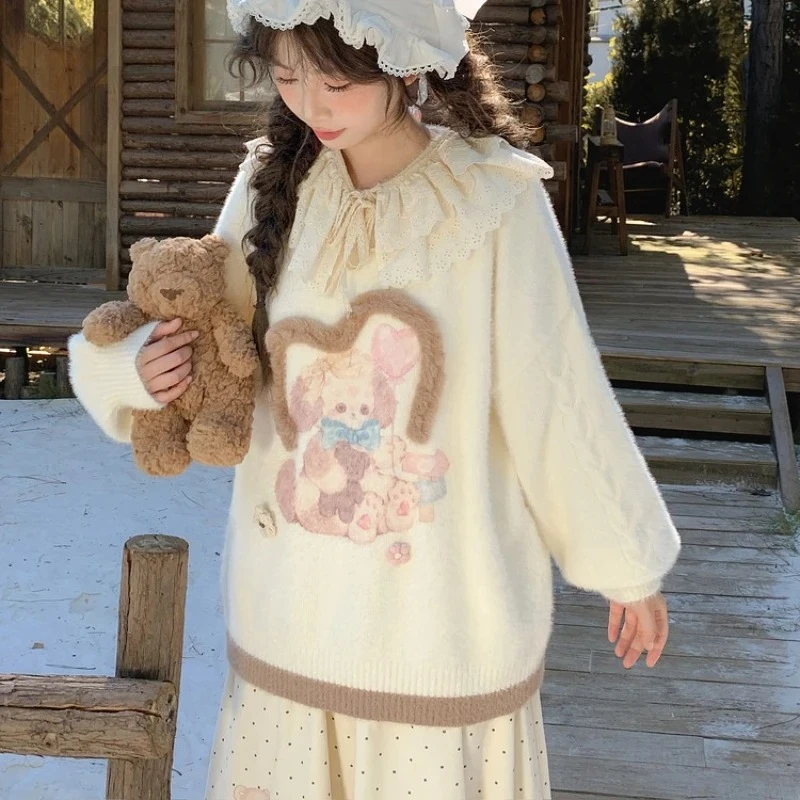 Kawaii لوليتا نمط محبوك البلوفرات النساء Harajuku الكرتون الأرنب سترة الخريف الشتاء اليابانية لطيف فضفاض تريكو معطف