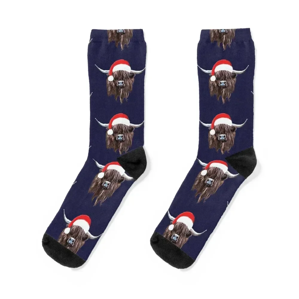 

Scottish Highland Cow Christmas Santa Hat Socks colored luxe Socks Men's Women's