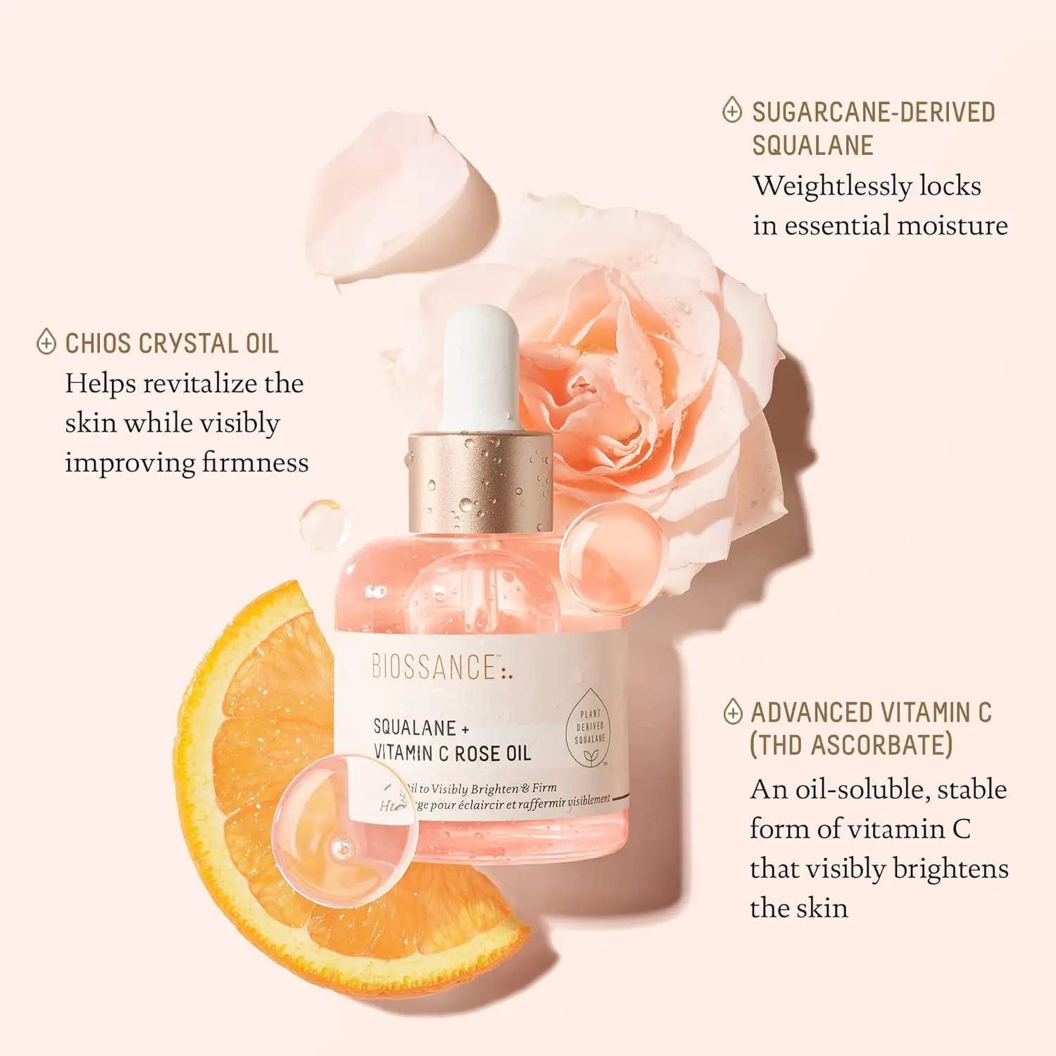 Biossance Squalane + Vitamin C Rose Oil, Advanced Facial Oil - Brightening, Firming 1oz 30 ml