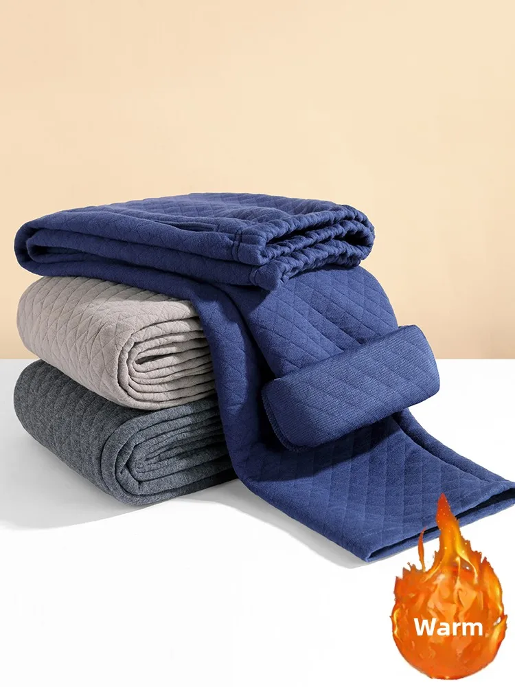 Men's Winter Thickened Warm Cotton Lined Slim Fit Long Pants Loose Fitting Inner Wear Trousers Polyester Fiber Home Clothes