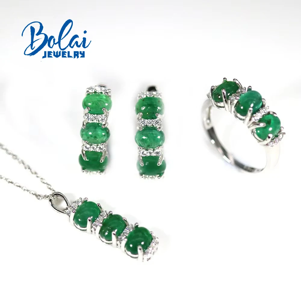 Luxury emerald Jewelry set oval 5*7mm natural Zambia green gemstone fine jewelry clasp earring ring pendant 925 sterling silver