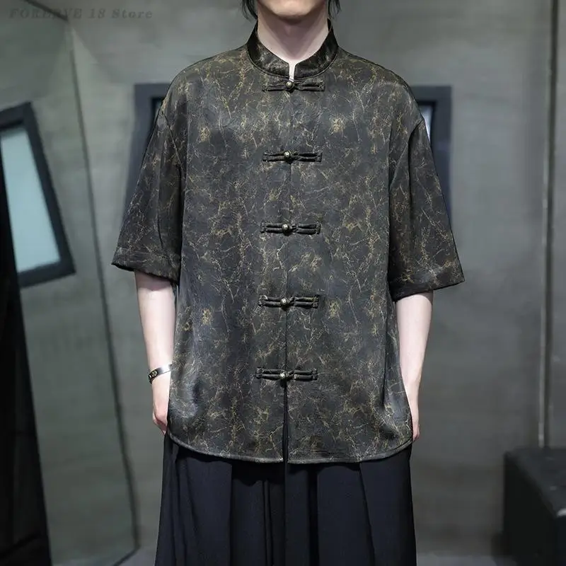 

Chinese Style Shirt Jacket Summer Ice Silk Short Sleeve Men's Blouse Vintage Button Hanfu Male Tang Tops Fashion Casual Wear