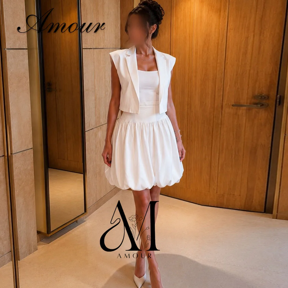 Amour Customized Fluffy Satin Evening Dresses Short Prom Gowns with Jacket Pleated Formal Prom Gowns 2027 Vestidos De Novia