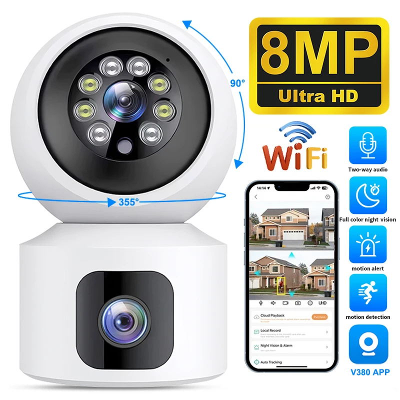 

8MP WiFi IP Camera Dual Lens Dual Screen PTZ Auto Tracking CCTV Video Night Vision Surveillance Baby Monitor Home Security Cam