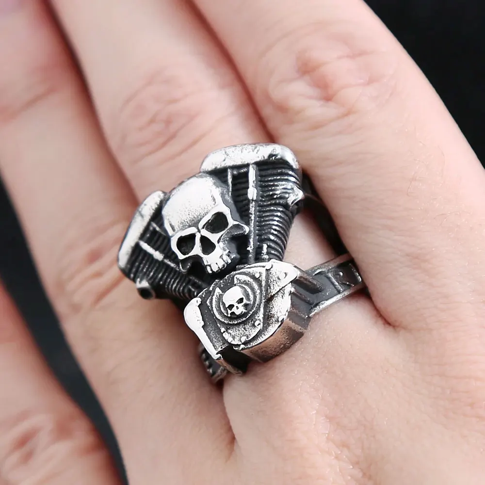 Vintage Gothic Motorcycle Engine Skull Rings for Men Boys Stainless Steel Punk Biker Ring Fashion Rider Jewelry Gift Wholesale