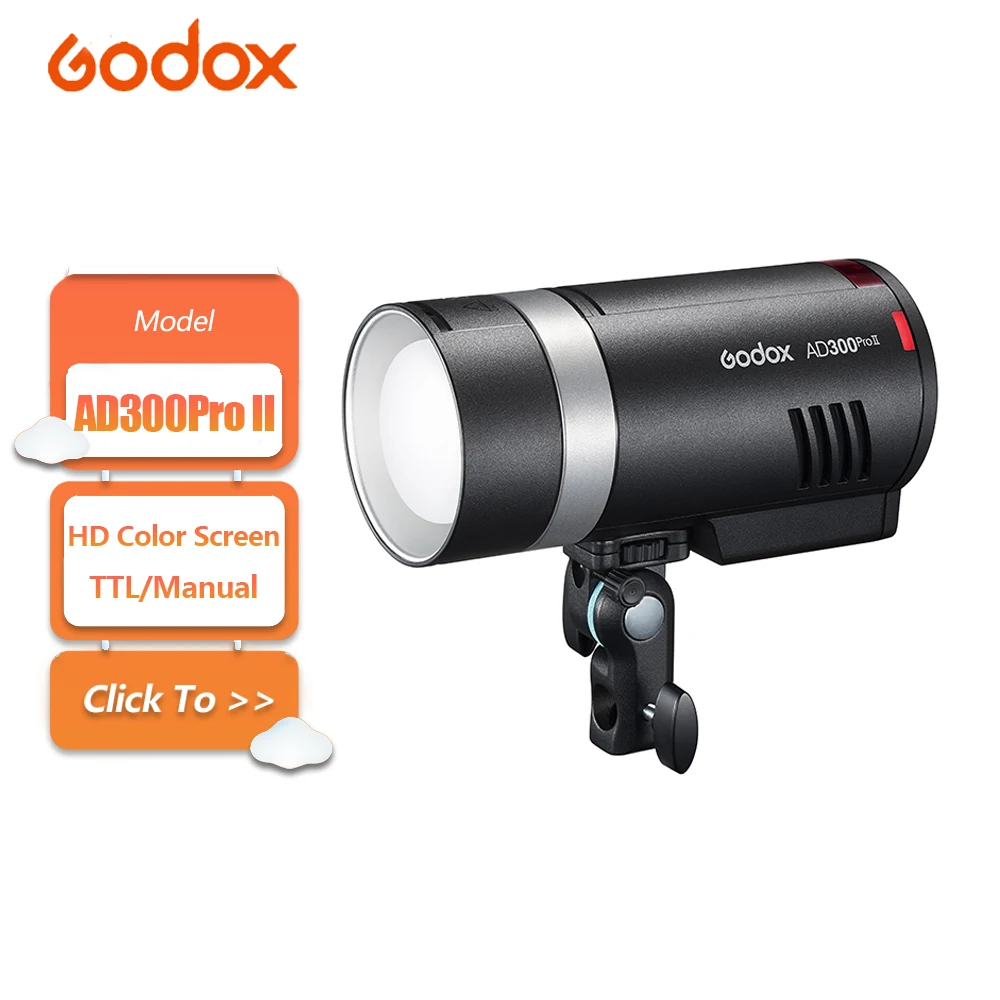 Godox AD300Pro II All-in-one TTL Manual Outdoor Flash with 12W Bi-color Modeling Lamp HD Color Screen 1/512 Fine Light Control