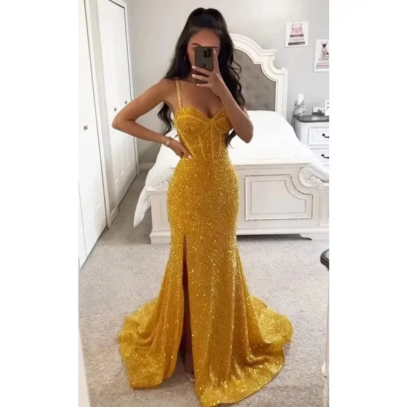 Vestido de noche de sirena con cuello en forma de corazón, vestido de baile sin mangas adornado con lentejuelas, encaje halter, vestido de cóctel de otoño