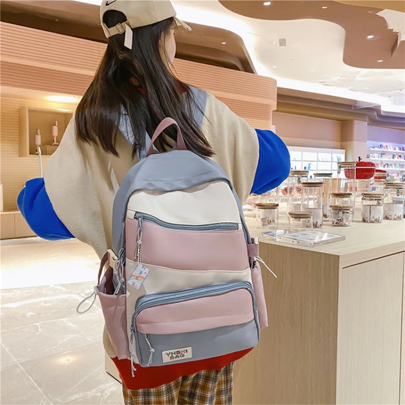 2022 New Fashion Women's Backpacks Panelled Contrast Waterproof Nylon Travel Backpack Teenage Schoolgirl's Anti-Theft Schoolbag